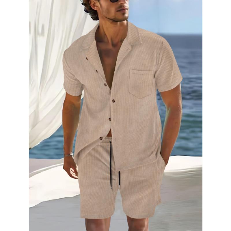 Men S Summer Thin Short Sleeve Cuban Collar Shirt And Shorts Casual Two Piece Set