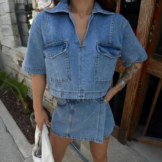 2 Piece Denim Outfit for Women Short Sleeve Lapel V Neck Crop Top And High