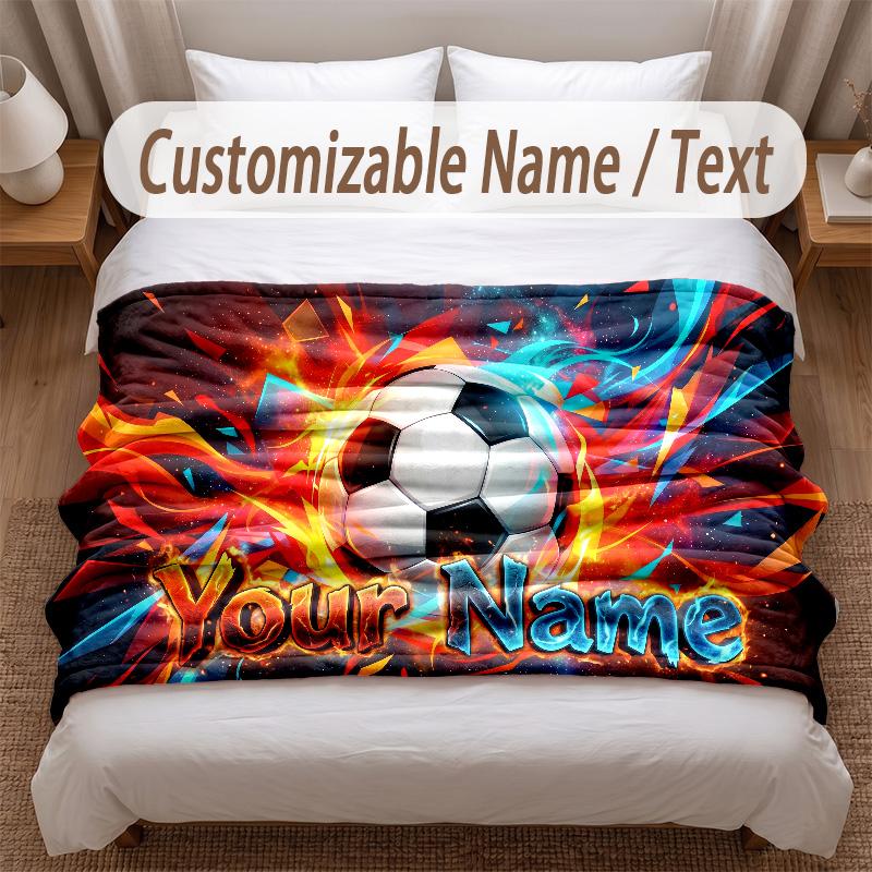 Soccer Theme Soft Blanket Personalized Custom Name Text Print Warm Blanket Home Sofa Bedroom Decor