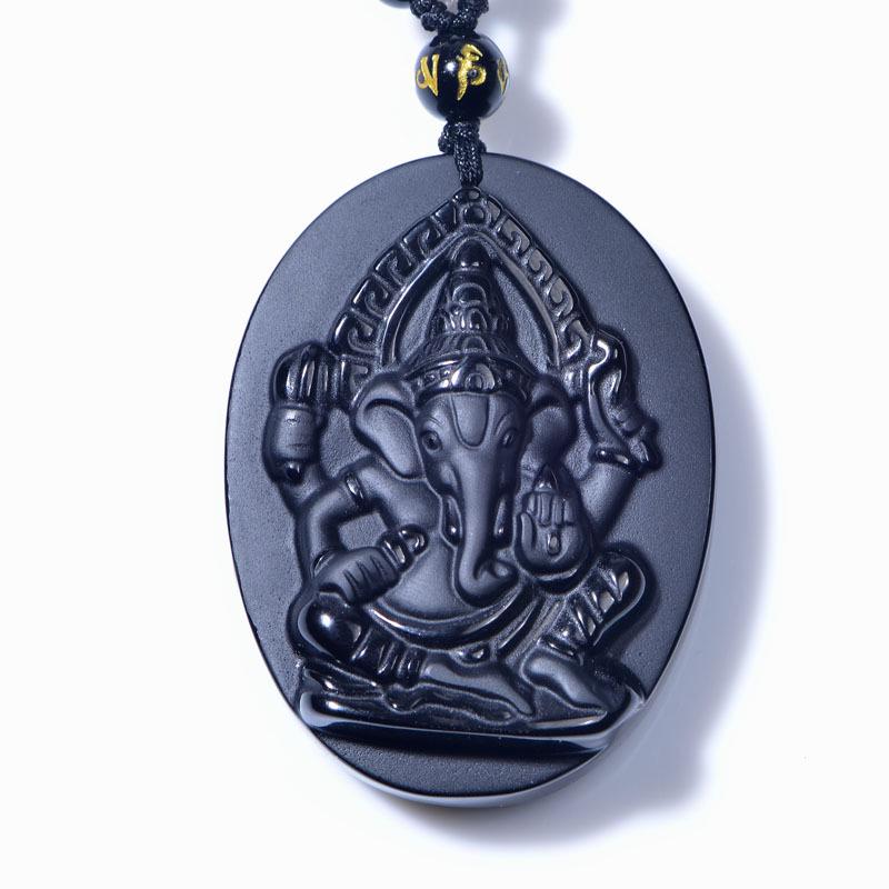 Kryształowy Obsydian Tajski Ganesha Czteroramienny Amulet Bogactwa z Wisiorkiem Matki i Słoniątka