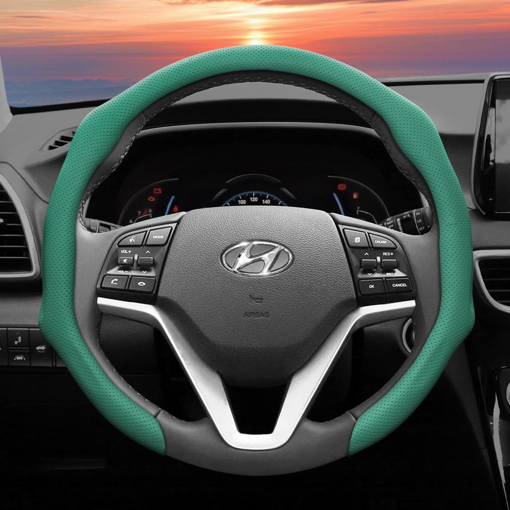 Suitable for Hyundai Perforated Leather Steering Wheel Cover, Non-Slip, Sweat-Absorbent, Breathable, Integrated Protective Case Elantra N Sonata Ioniq