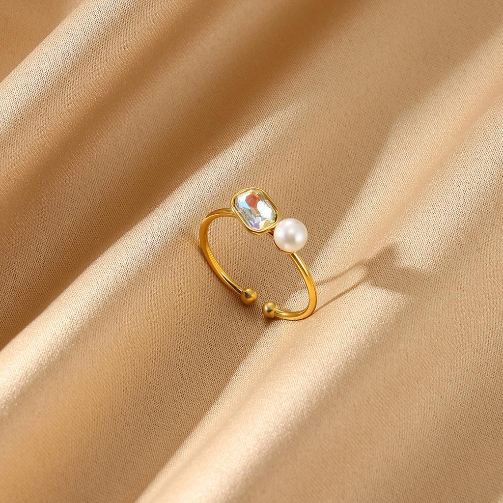 Mini Gold Color Opening Rings Cute Women Zirconia Imitation Pearl Anillos Flower Stainless Steel Ring Romantic Proposal Jewelry