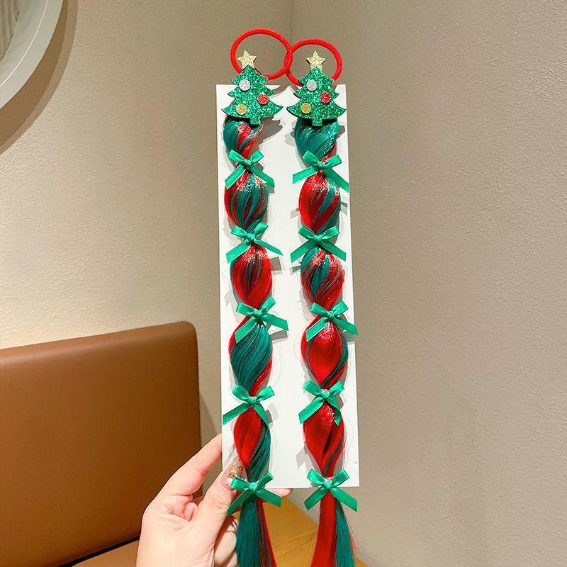 Christmas Children'S Hair Accessories Red Bow Santa Lantern Wig Braid Hair Ring Bubble Braid Wig Headband