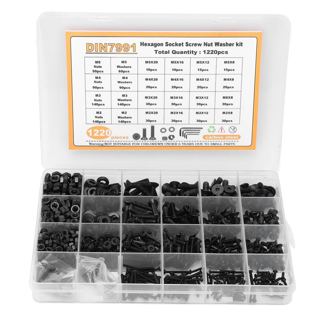1220 Stück Schrauben Muttern Unterlegscheiben Sortiment M2 M3 M4 M5 Flachkopf Innensechskant Kohlenstoffstahl Befestigungselement