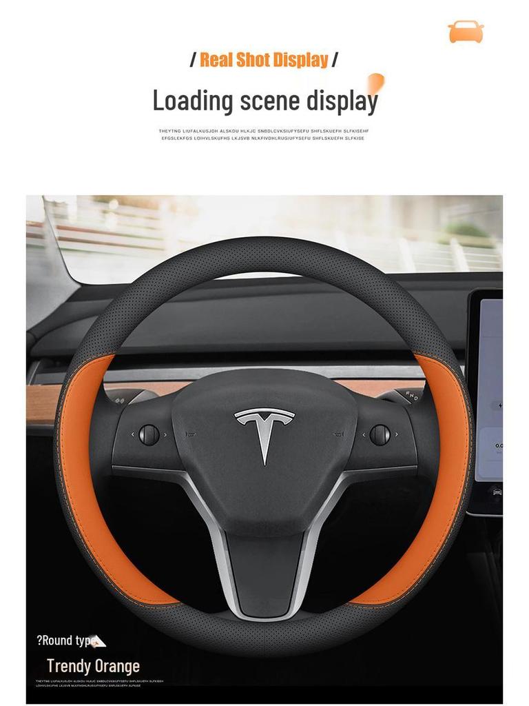 Tesla Model 3 & Y Steering Wheel Cover: Ultra-thin, Non-slip Genuine Leather, All-Season Use.