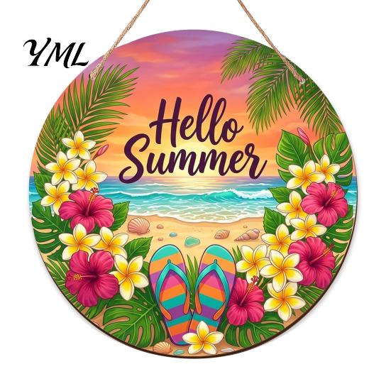Natural Hemp Rope Wood Plaque Summer Wooden Hanging Sign, Beach Style Wall Decor with Rope, Bright Printed Sign Indoor Outdoor Theme Decoration