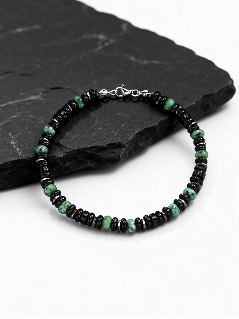 Boho kotníkový náramek s korálky pro muže i ženy, Nerezová ocel stříbrná barva Černý lávový kámen Africké tyrkysové korálky, Letní plážové šperky