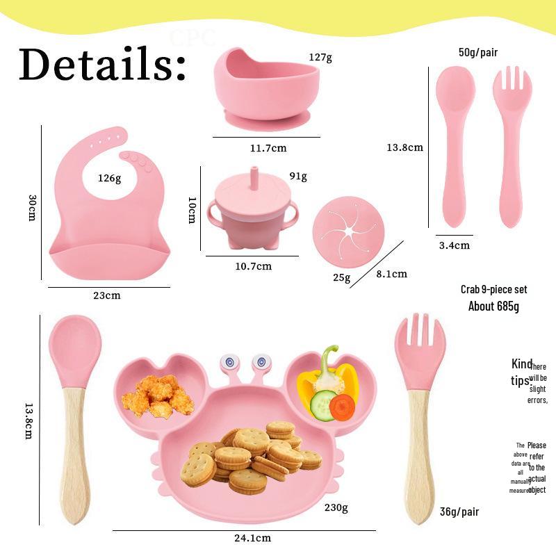 Crab 9-Piece Tableware Set: Silicone Bib, Baby Food Bowl, Fork, Spoon, Compartmentalized Meal Plate - Food Grade