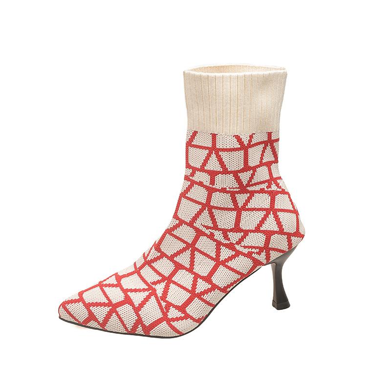 Women's Fashion Boots Pointed Toe Thin Heels Mixed Colors Knitted Boots Fashion All-match Breathable Mesh Women Stretch Boots