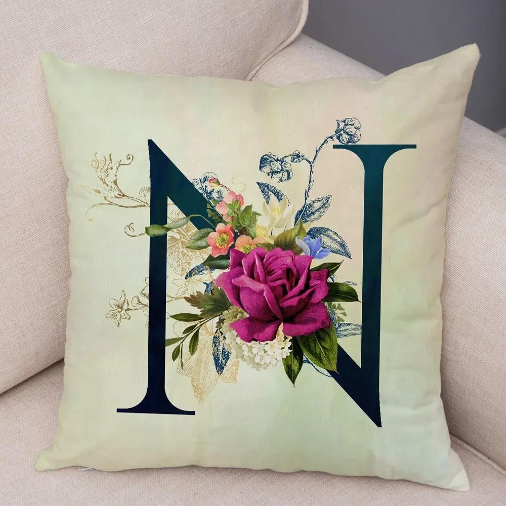 English Flower Beige Letter Print Pillow Case for Sofa Home Decor Floral A-Z Cushion Cover Soft Short Plush Pillowcase 45x45cm