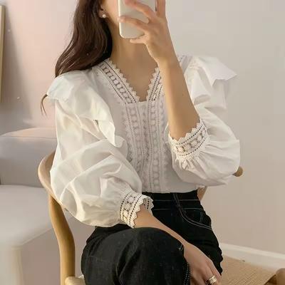 V-Ausschnitt Rüschen Puffärmel Damen Bluse Langarm Oberteile Langarm Weiße Hemden Mode Lässig Büro Dame Elegante Kleidung