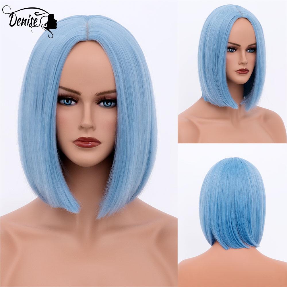 Bob Wig Straight Short Black To Blue Ombre Daily Synthetic Wigs For Women With Bangs Nutural  Heat Resistant Fiber Cosplay Hair