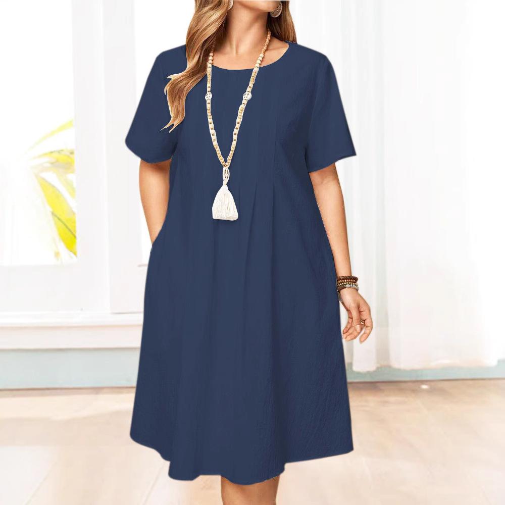 

GMXIA Spring Summer Vintage Loose Pockets Solid Colour O-Neck Women s Cotton Linen Dresses XXL темно-синий