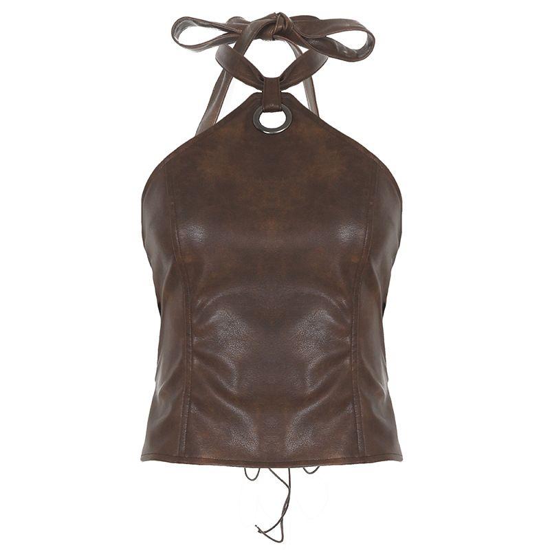 

Outfitgirl American Style Sexy Bar Music Festival Wear Leather Vest Fashion Halter Backless Short Tops Brown S