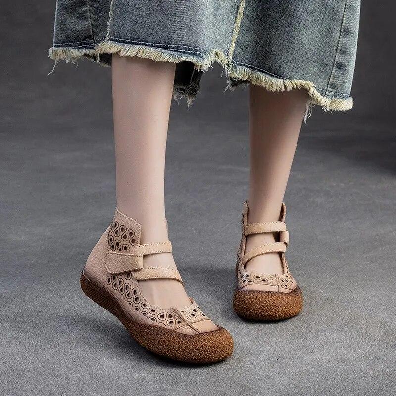 Johnature Hollow Breathable Sandals Genuine Leather Retro Soft Sole Comfortable Versatile Women's Shoes