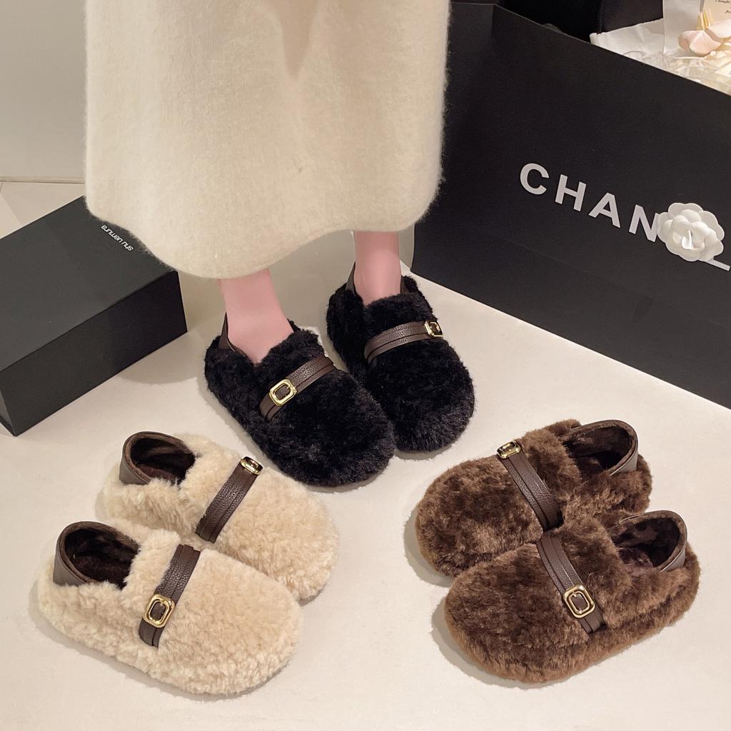 Winter lazy Doudou shoes keep warm and casual two wear fluffy shoes women's new one-pedal cotton shoes with velvet thick soles