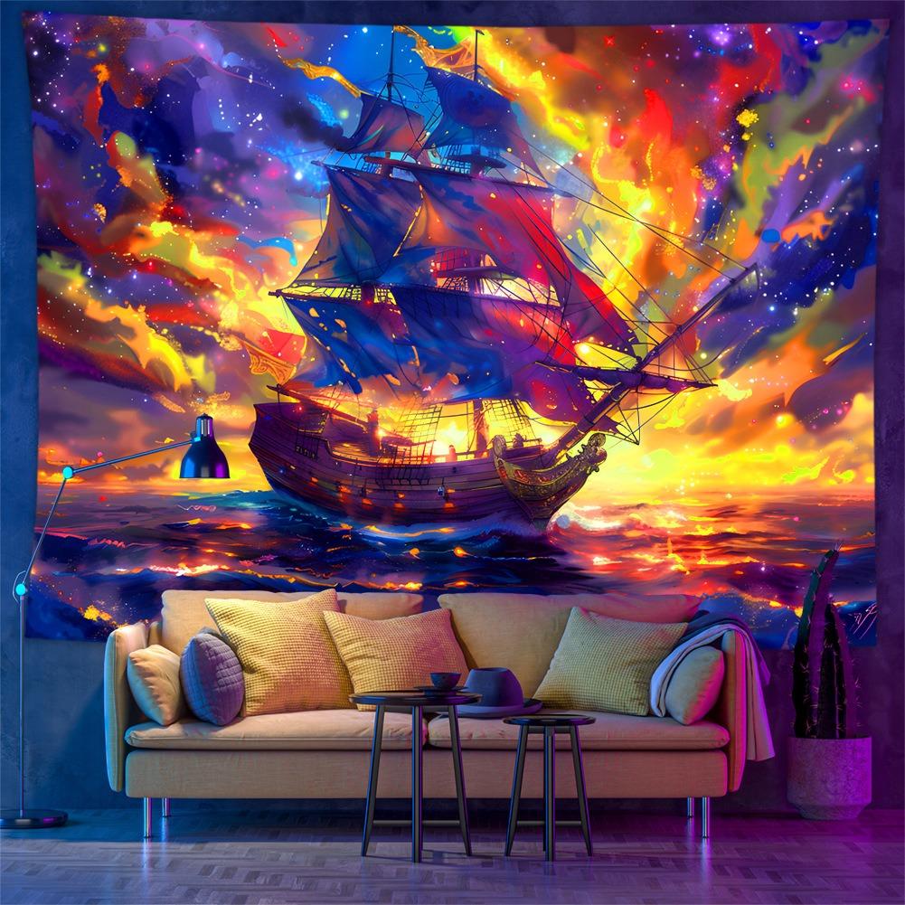 UV Reactive Blacklight Tapestry Fantasy Pirate Ship 2D Flat Printed Colorful Nebula Galaxy Starry Sky Wall Hanging Peach Skin