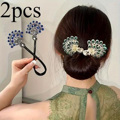 2pcs Fashionable and Elegant Peacock Hair Rollers, Lazy Curl Maker DIY High Bun Styling Tool with Rhinestone Decorated French Twist Clips