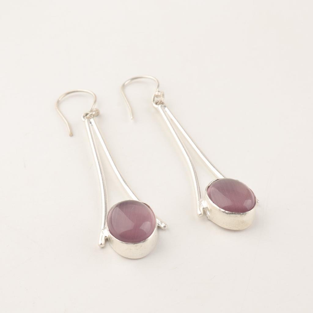 Natural Purple Cat's Eye Gemstone 925 Sterling Silver Handcrafted Earrings2.63" EE-136-36