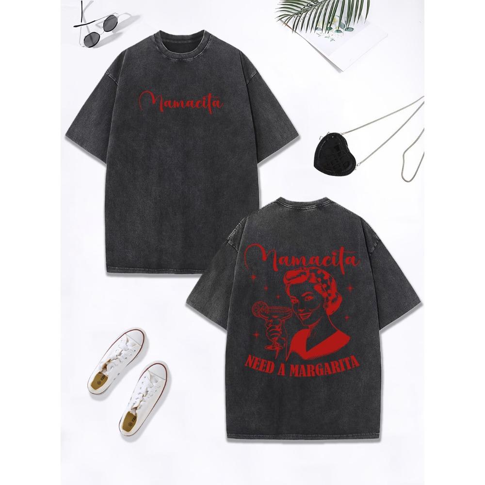 Mamacita Needs A Margarita Lemon Printing Washed T-Shirt Women Cotton Oversize Tops Distressed O-Neck T Shirt Clothes