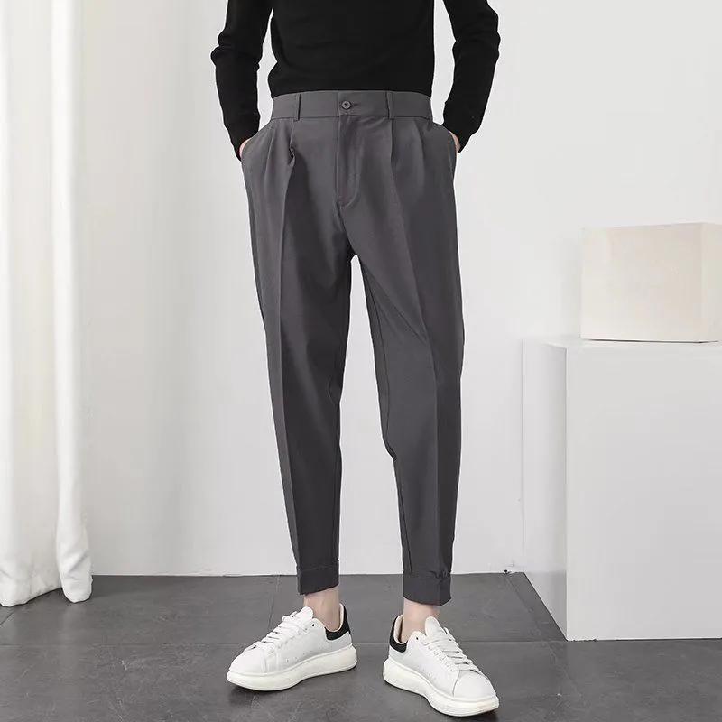 Men's Summer Cuffed Cropped Casual Pants with Drape Fit, Velcro Waistband, and Suit-Style Design
