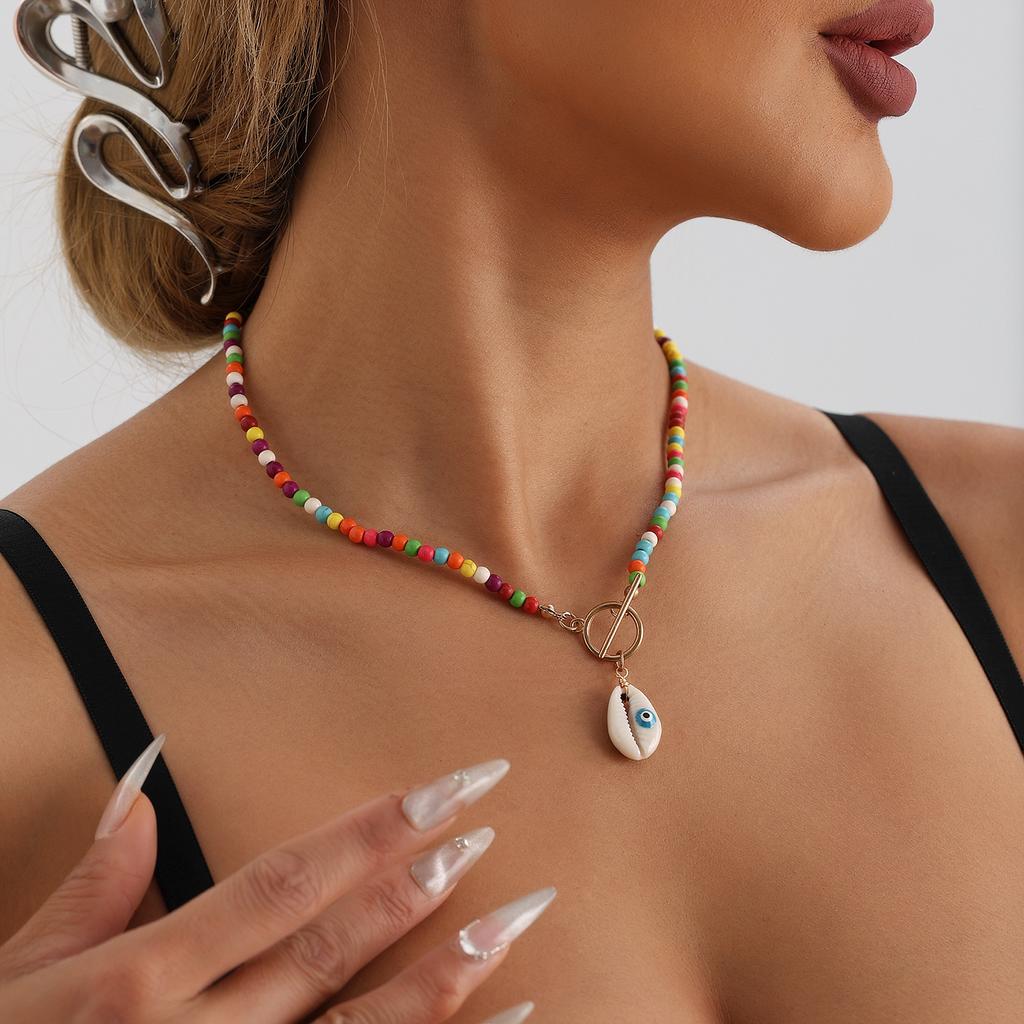 Vintage Beaded Colored Turquoise Eye Shell Necklace Bohemian Simple Beach Clavicle Chain
