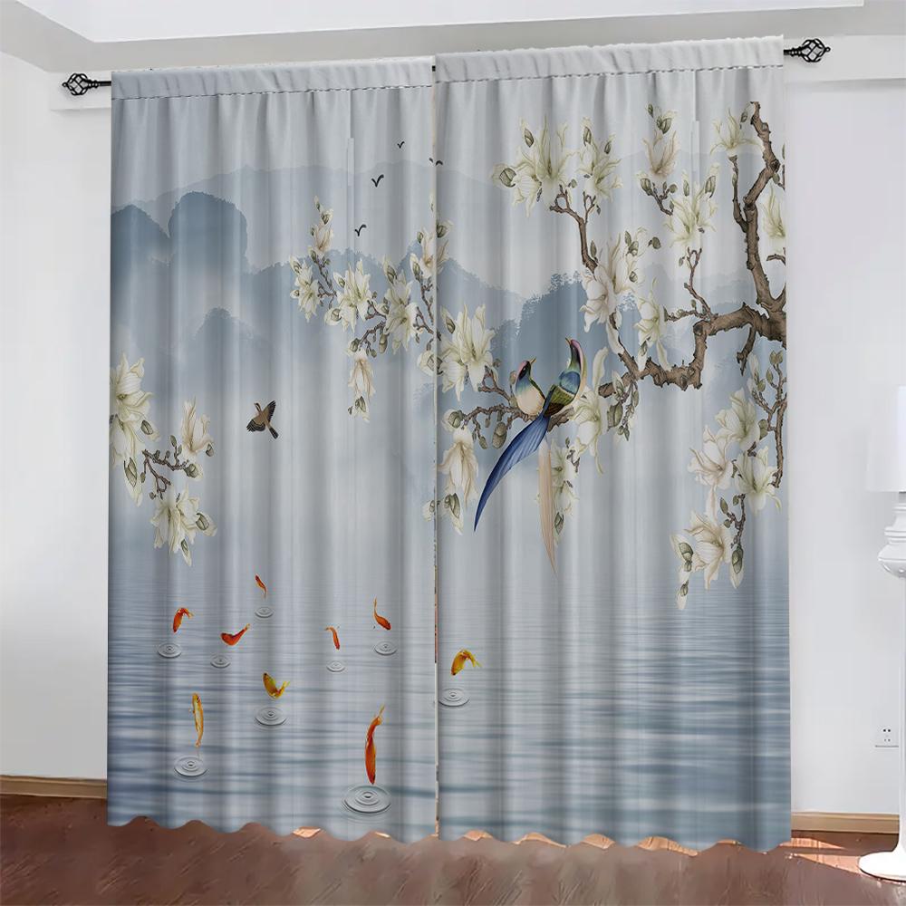 2PC Home flowers and birds Curtains With Landscape Background And Pole Pocket Curtains   Kitchen   Coffee Shop   Living Room   Bacon