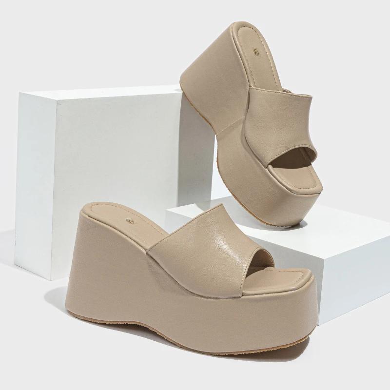 Damen Keilabsatz Hausschuhe 2024 Verkauf Neu PU Leder Rutschfeste Dicksohlige Hausschuhe Lässig Strand Zehenfrei Damen Flip-Flops