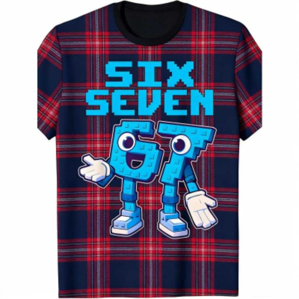 Fashion Kids T-Shirt 67 Six Seven Grid Print Boy and Girl Tees Top Summer Short Sleeve O Neck Casual Outdoor Kids Clothing
