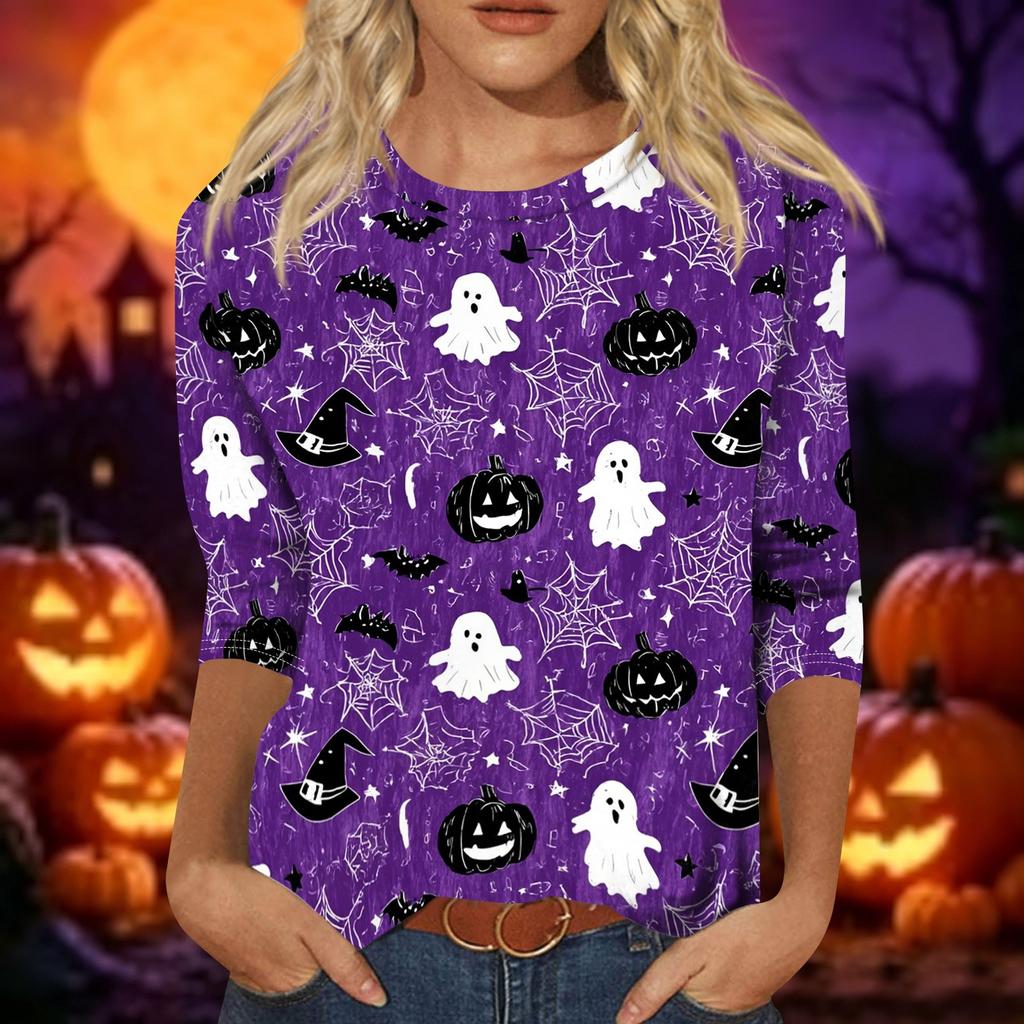 Women's Casual Halloween Print Top Three Quarter Sleeve Round Neck Pullover Shirt Lightweight Comfortable Fit for Everyday Wear
