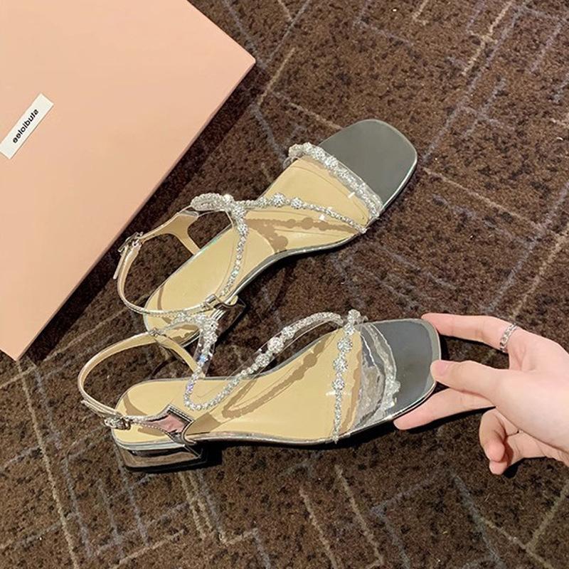 

Sheepskin French square head transparent flash diamond word with adjustable thick heel sandals women wear summer rhinestone cool slippers 34