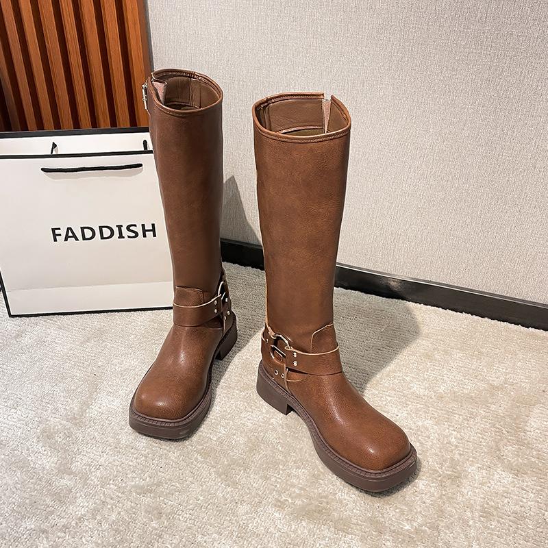 Popular Fashion Coarse Heel Brown Martin Boots Women's Metal Buttons Decorative Long Knight Women's Boots Spring and Autumn Women's