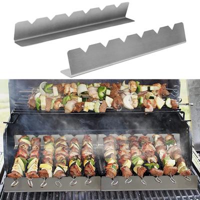 4Pcs/Set Skewer Holder Anti-slip Groove Stainless Steel Heavy Duty Long BBQ Tools Food Grade Barbecue Grilling Shish Kabob Rack Outdoor Supplies