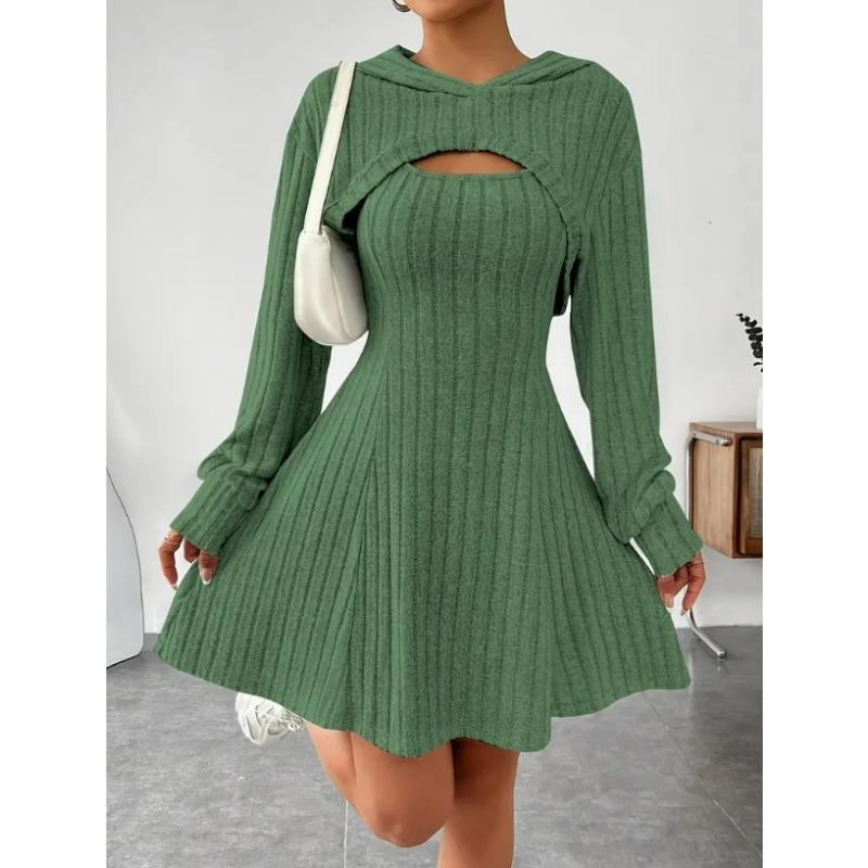 Damski Modny Casualowy Jednokolorowy Krótki Top z Kapturem z Długim Rękawem + Zestaw Sukienki bez Rękawów