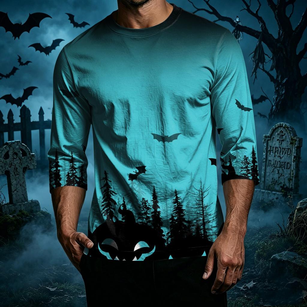 Men's Casual Halloween Print Crew Neck T-Shirt Three Quarter Sleeve Top Lightweight Comfortable Fit