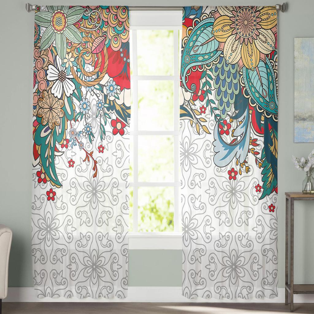 Bohemian Abstract Style Floral Plants Bedroom Curtains Tulle Sheer Curtain Living Room Home Decor Voile Drapes