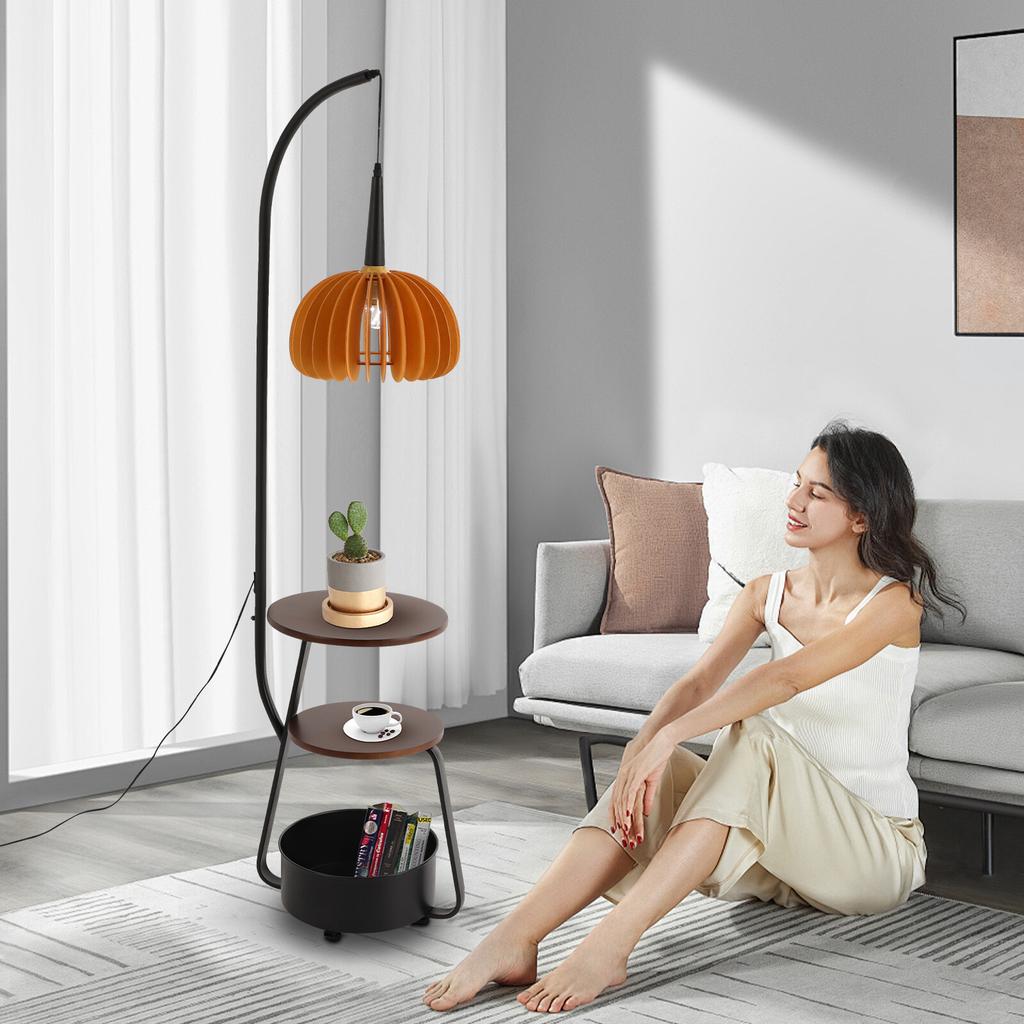 Vintage Industrial Floor Lamp, Modern Standing Light with 2 Trays & 1 Storage Bin, 110V for Living Room, Reading Corner Lamp