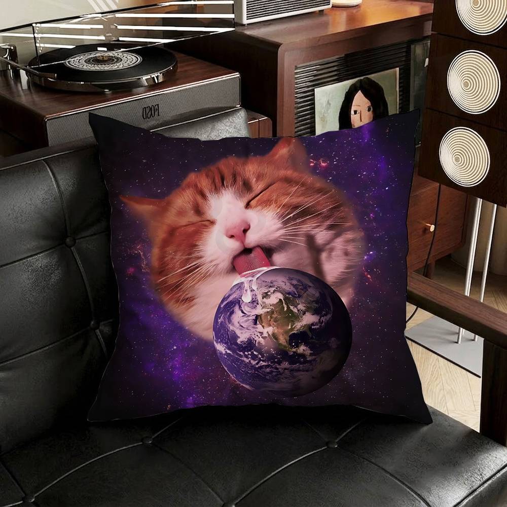 Cute Funny Rainbow Alien Cat Pillow Case Square DoubleSided Printing Short Plush Sofa Cushion Cover Bedroom Bedside Pillow