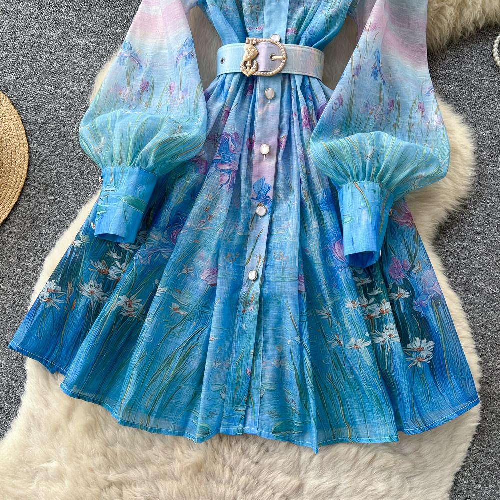 Herbst Notched Collar Print Blume Feiertag Kurzes Kleid 2026 Neu Boho Damen Einreiher Leinen Laternenärmel Gürtel Hemdkleid