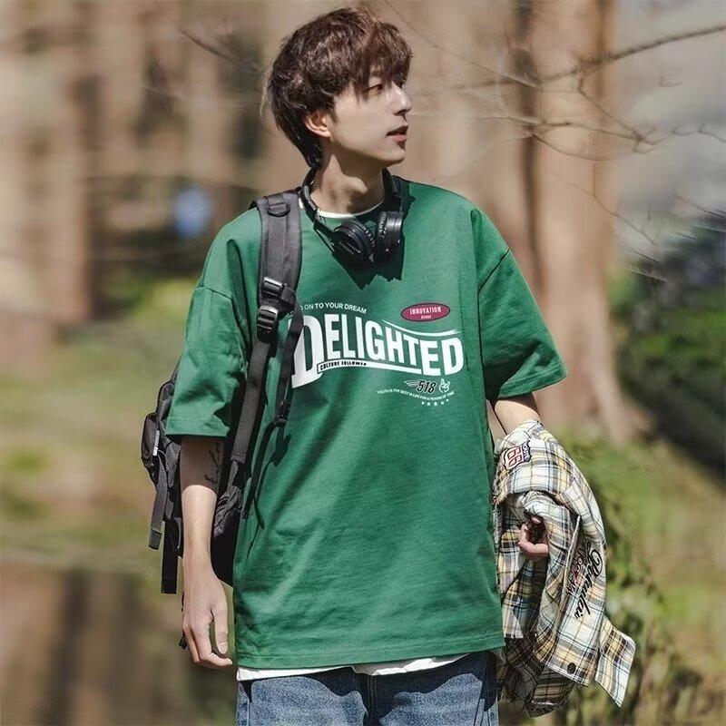 

Новая летняя футболка с короткими рукавами для мужчин, тренд в корейском стиле, простой топ с короткими рукавами, свободная повседневная брендовая футболка в гонконгском стиле 3XL темно-зеленого