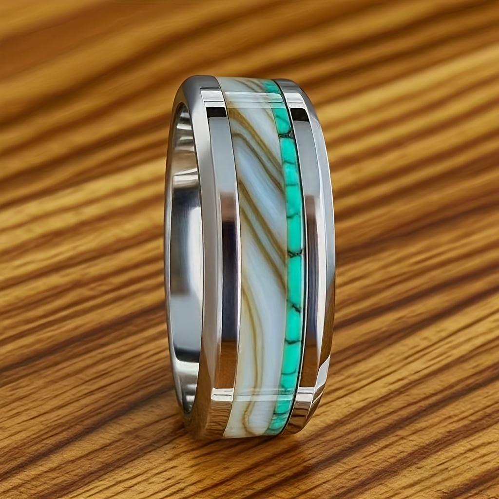 Women Wedding Band Polished Stainless Steel Rings Men's  8MM Luxury Agate Stone Inlay Steel Ring Party Accessories Gift