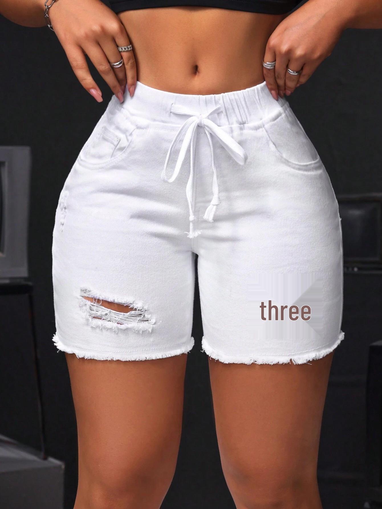 2026 Women s White Ripped Fringe Butt-Lifting Denim Shorts M