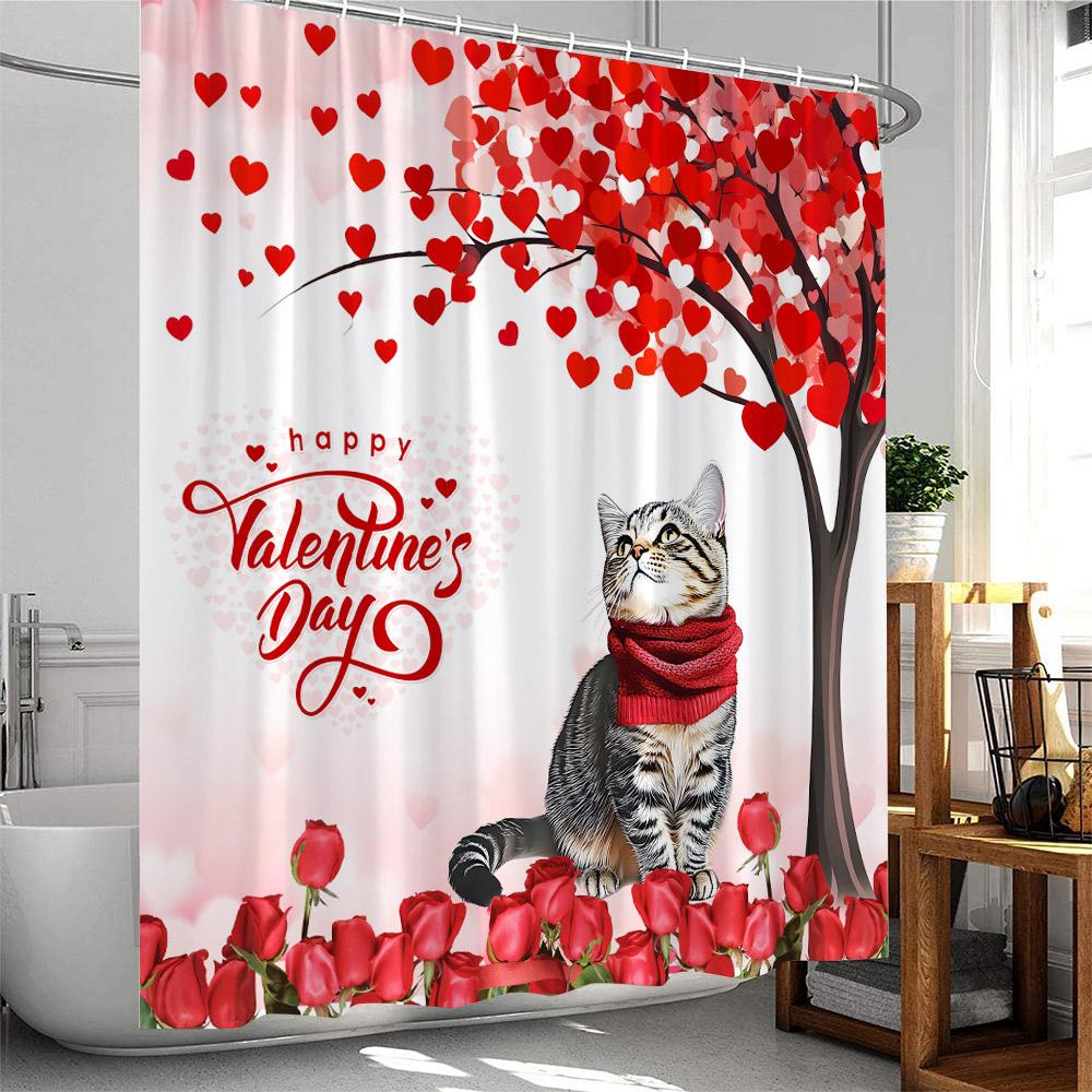 Valentine's Day Shower Curtains Cute Animals Highland Cattle Pig Flamingo Elf Heart Red Rose Bath Curtain Fabric Bathroom Decor