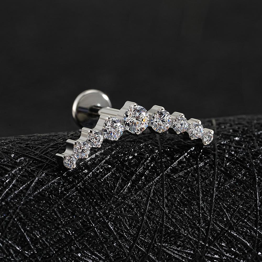 Right Grand ASTM F136 Titanium Arc CZ Cluster Labret Curved Bar Flat Back Stud Earring Helix Cartilage Conch Piercing Jewelry