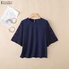 ZANZEA Blusa Casual de Mujer con Cuello Redondo y Encaje en la Manga Media