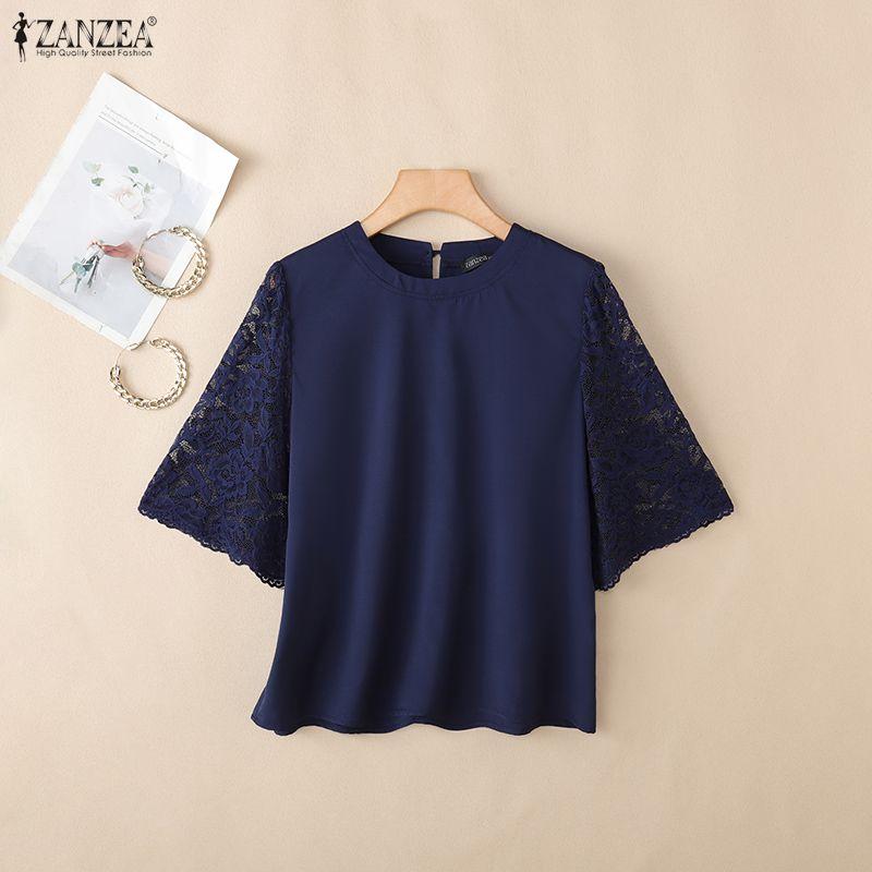 ZANZEA Blusa Casual de Mujer con Cuello Redondo y Encaje en la Manga Media