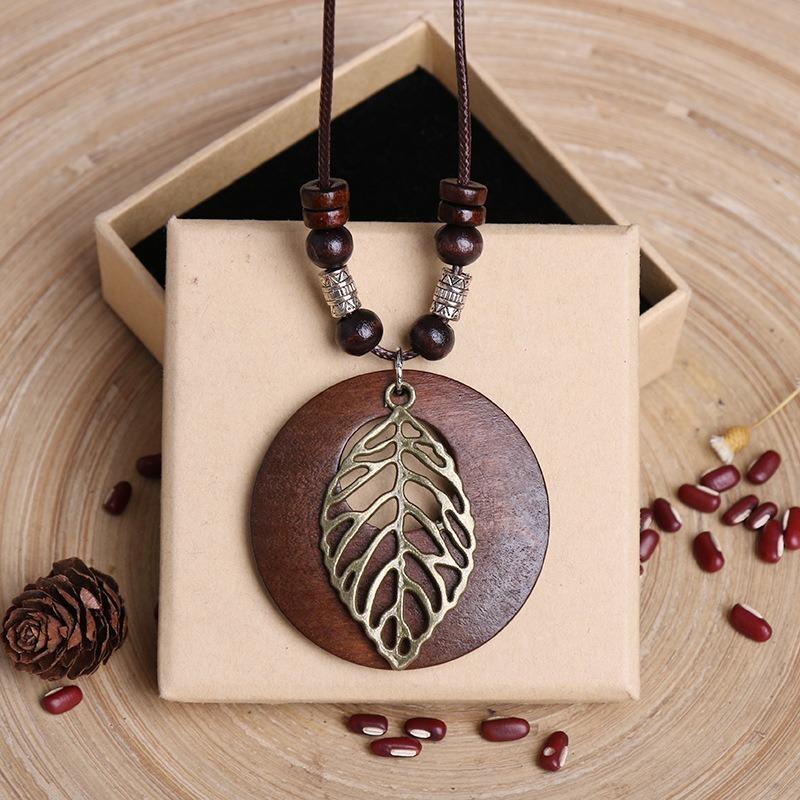 Vintage Wooden Owl Leaf Pendant Necklace Boho Ethnic Style Metal Hollow Leaves Necklaces Long Wax Rope Chain for Women Gifts
