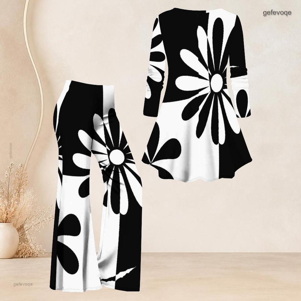 Women Plus Size Two Piece Set V Neck Three Quarter Sleeve Black White Printed Flared Top And Flared Pants