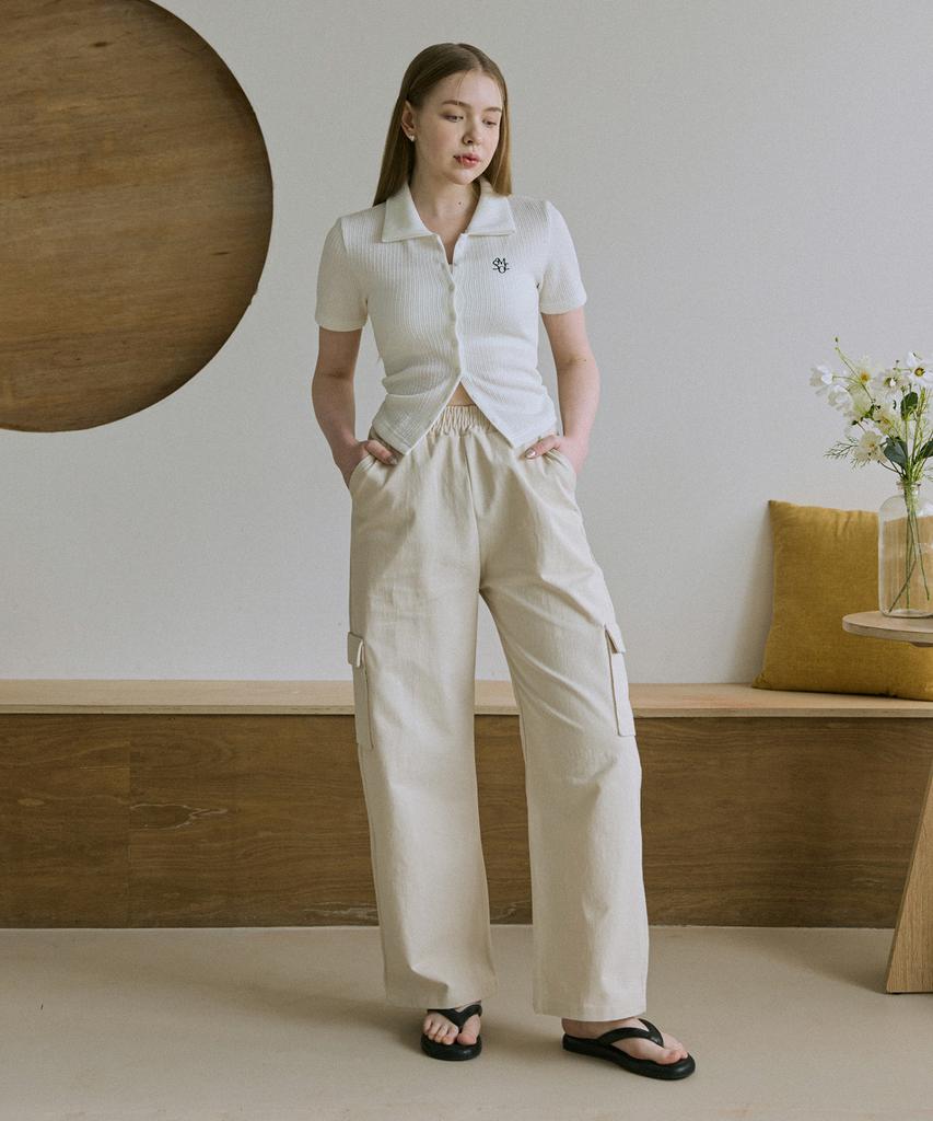 5OML Cotton Cargo Wide Elastic Waist Pants (Beige)
