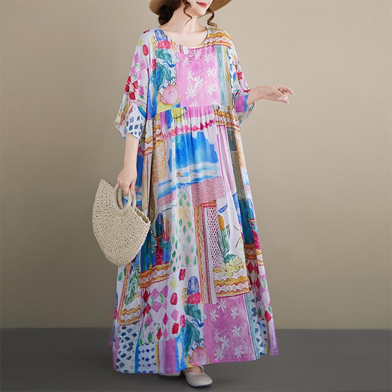 

DIMANAF New 2026 Summer Beach Women Plus Size Fashion Lady Long Dress Loose Oversize Maxi Floral Print Cotton one size